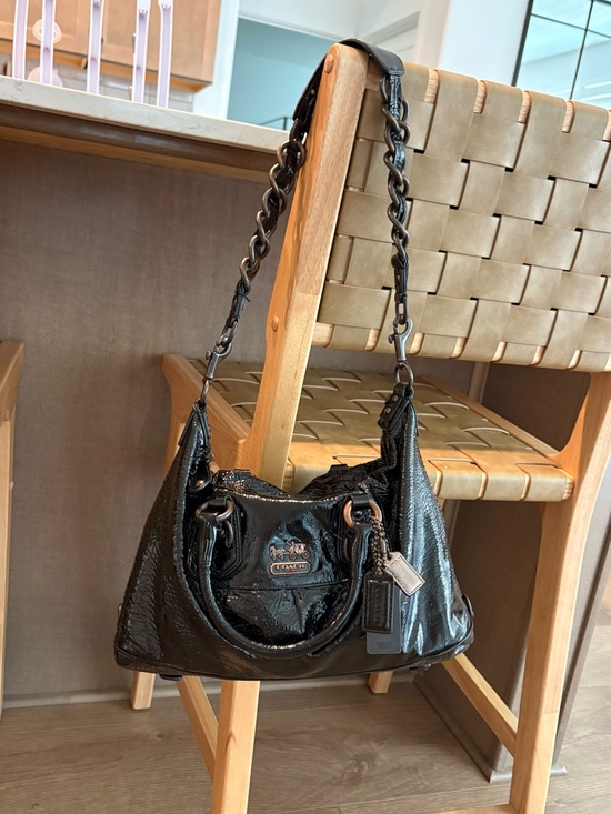 Coach Handbags - Coach Black Patent Leather Shoulder Bag with Chain-Link Strap
